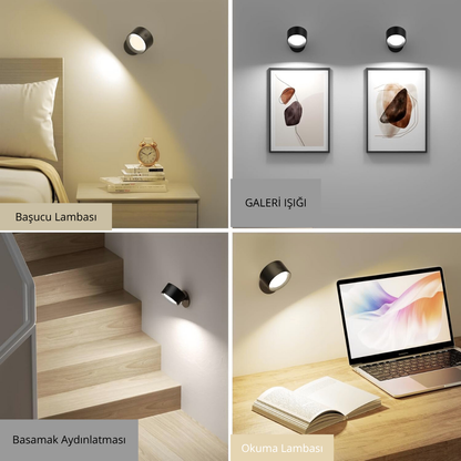 Şarjlı 360° Hareketli Kumandalı ve Dokunmatik Duvar LED – Delmeden Tak, Her Yeri Aydınlat!